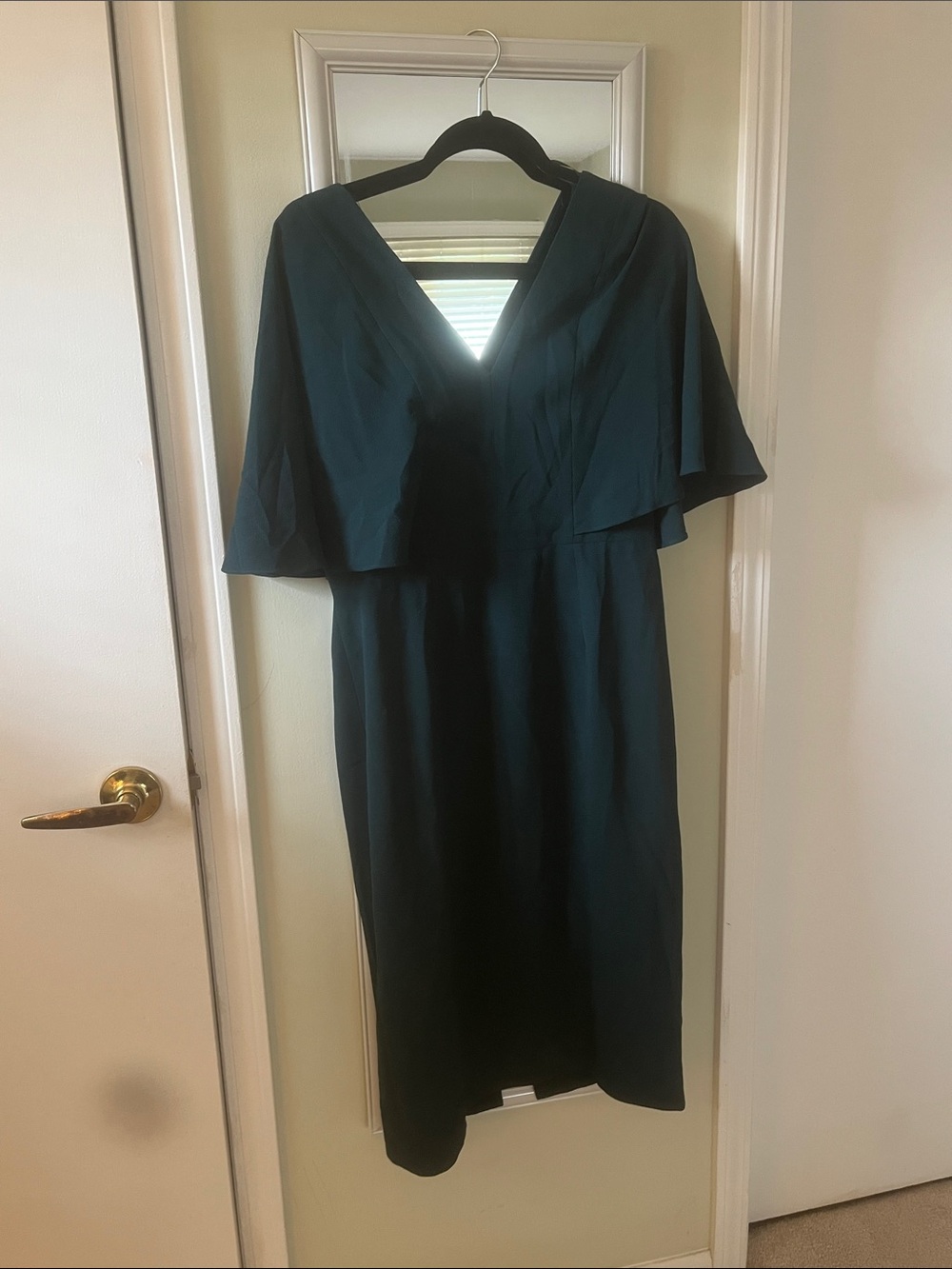Dress the Population Teal V-Neck Midi Dress with Draped Cape Sleeves